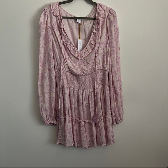 House of Harlow 1960 Paisley Smocked Pink Mini Dress-Size Large-New With Tags - Picture 3 of 9